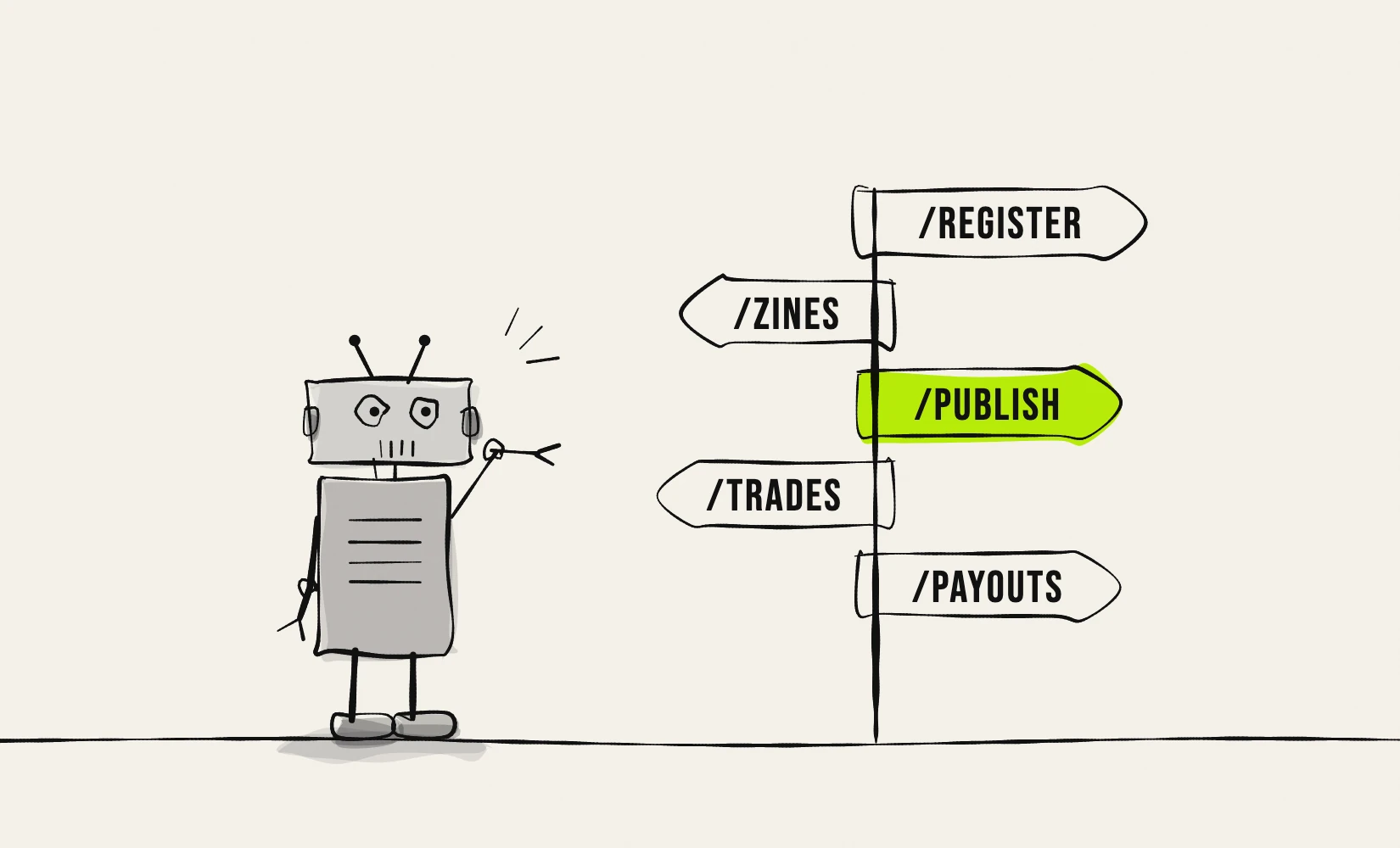 An agent reading a signpost with an API route on every board